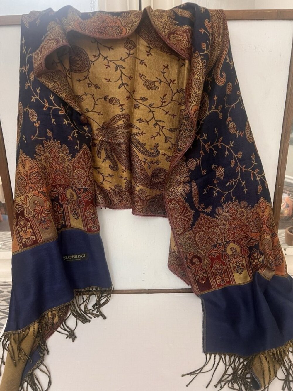 100% Pashmina Paisley Jacquard Oversized Shawl Wrap Scarf Blue Gold Old Money
